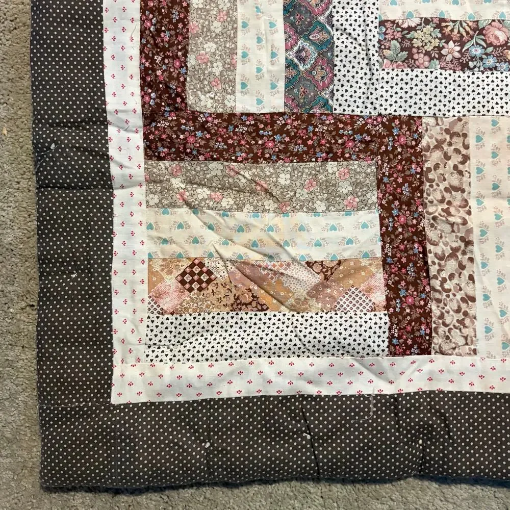 Vintage 1994 Handmade Patchwork Quilt Brown Geometric Rail Fence Twin XL 61x95